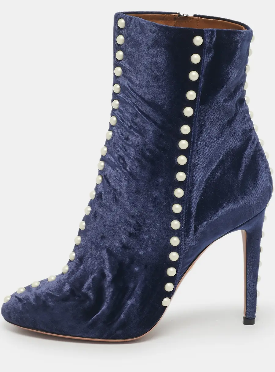 Aquazzura Follie Pearls Size 39.5 Navy Blue Velvet Ankle Length Boots
