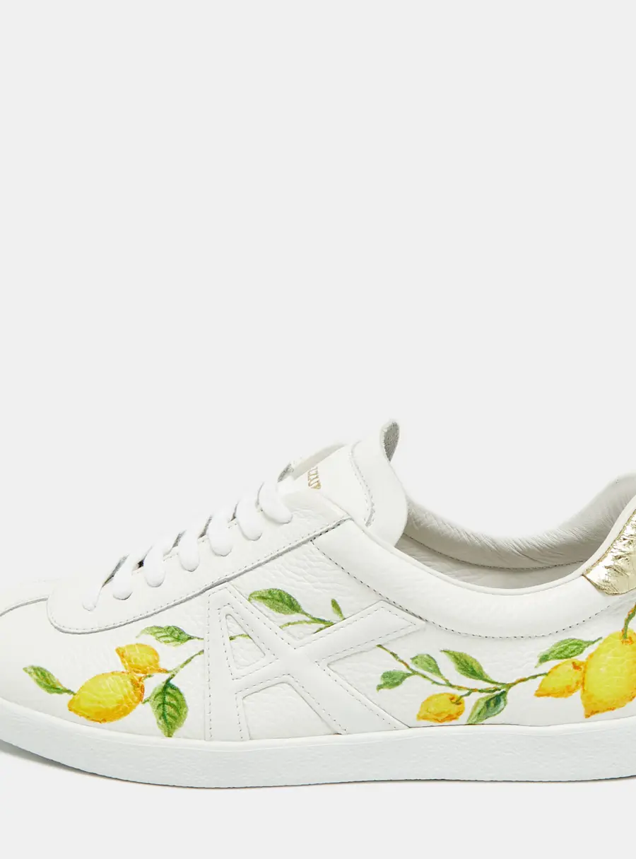 Aquazzura White/Gold Leather and Snakeskin Embossed A Lemon-print Lace Up Sneakers Size 36.5