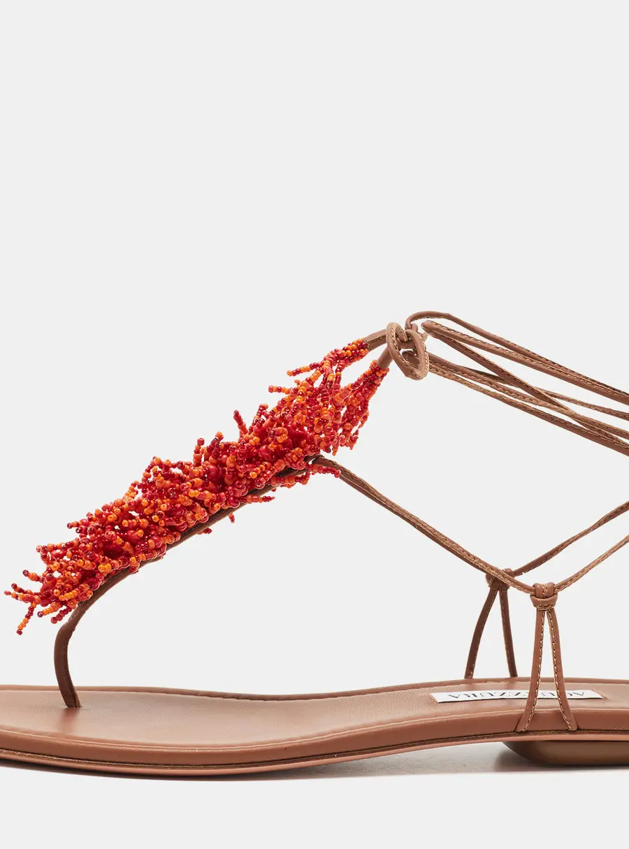 Aquazzura Panarea Size 40 Brown Leather Thong Flats Ankle Tie Sandals