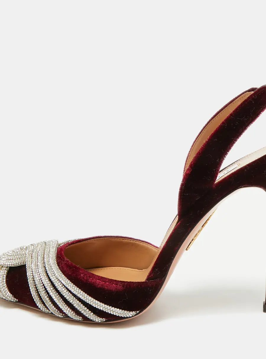 Aquazzura Gatsby Size 37 Burgundy Velvet Embellished Slingback Pumps