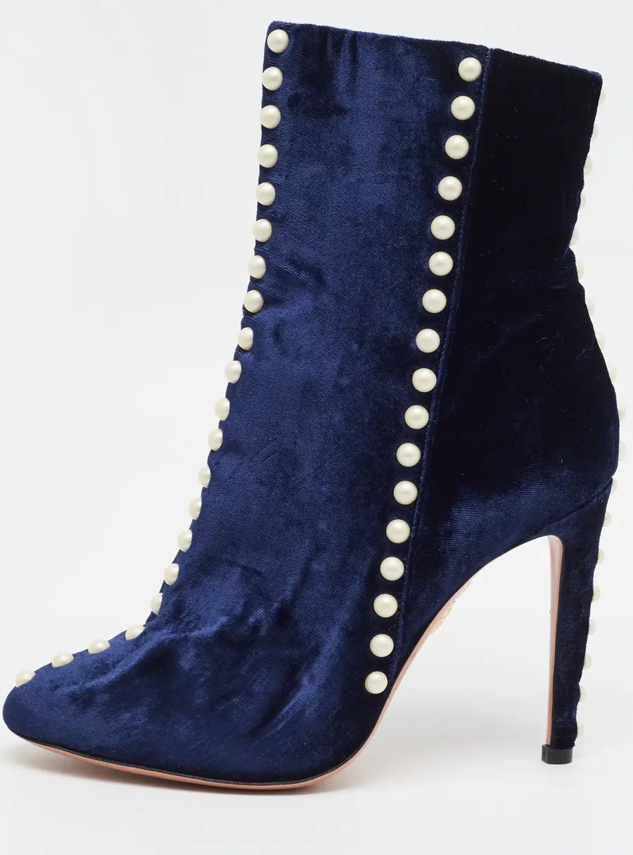 Aquazzura Follie Pearls Size 38 Navy Blue Velvet Ankle Length Boots