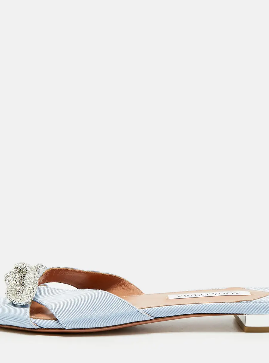 Aquazzura Very Bow Size 38.5 Blue Denim Flat Slides