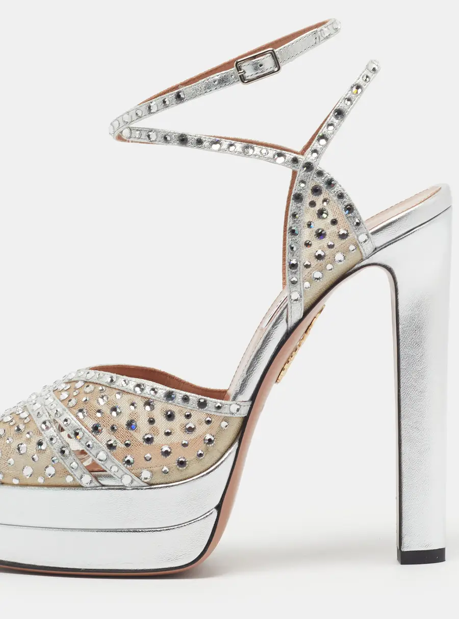 Aquazzura Lover Plateau Size 38 Silver Leather and Mesh Crystal Embellished Platform Ankle Strap Sandals