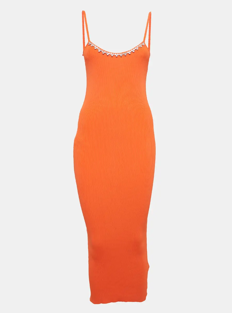 Area Orange Rib Knit Crystal Embellished Midi Dress M