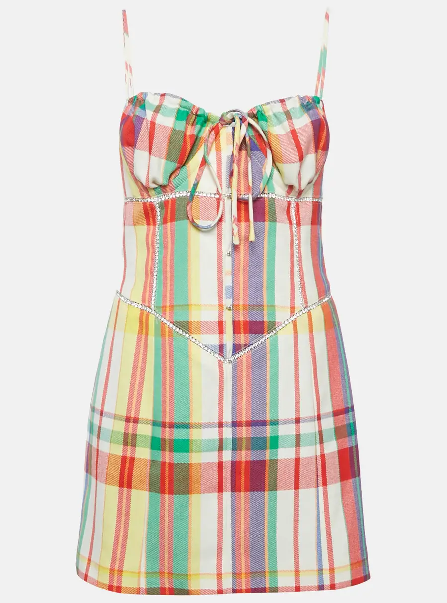 Area Multicolor Plaid Checked Wool Crystal Detail Mini Dress M