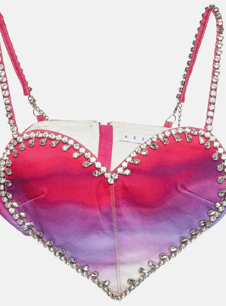 Area Ombre Denim Crystal Embellished Crop Top S