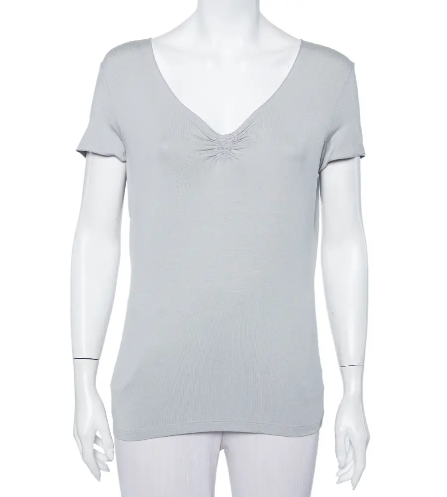 Armani Collezioni Grey Knit Ruched Neck Detail T-Shirt XL