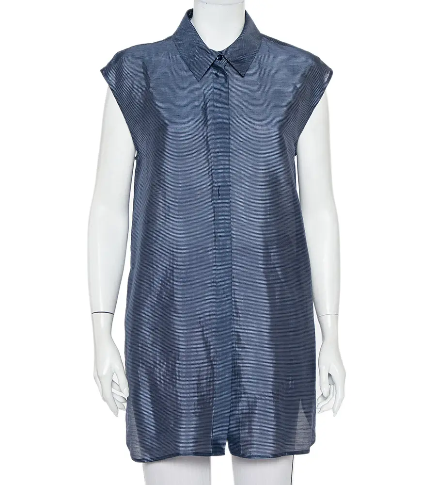 Armani Collezioni Navy Blue Striped Linen & Silk Sleeveless Long Shirt M
