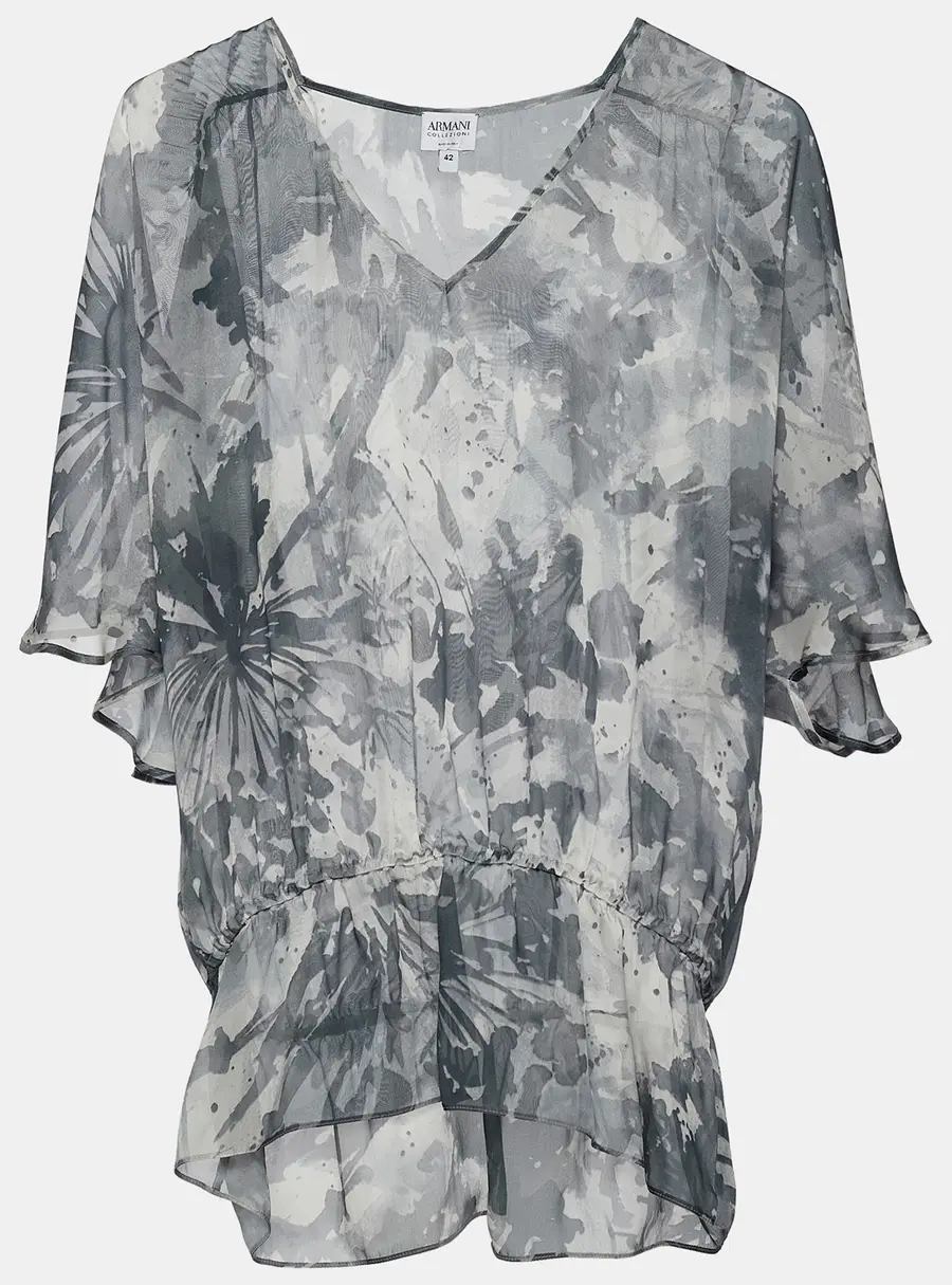 Armani Collezioni Grey Abstract Print Silk Sheer Blouse M