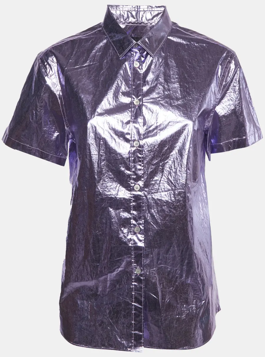 Burberry Metallic Purple Cotton Short Sleeve Button Up Shirt M