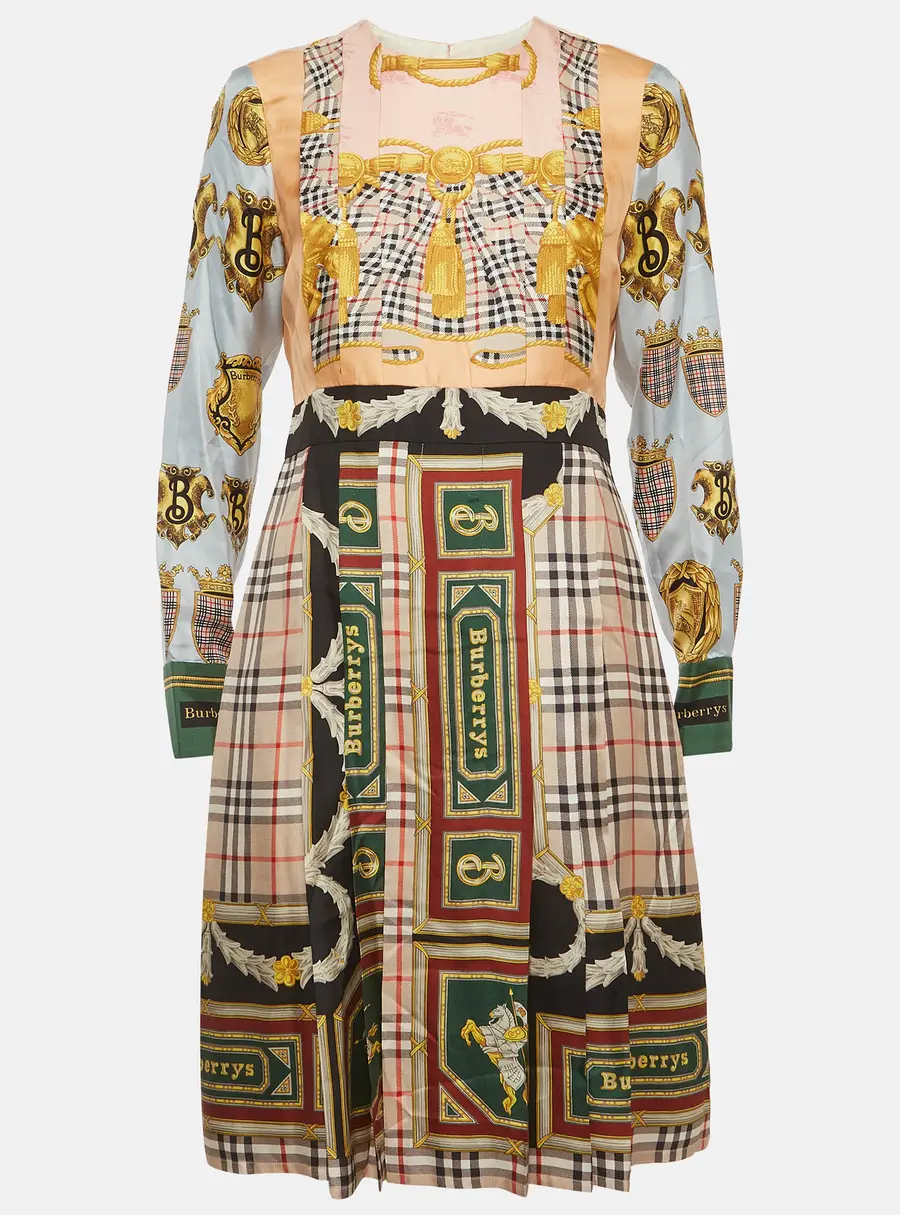 Burberry Multicolor Archive Scarf Print Silk Pleated Midi Dress M