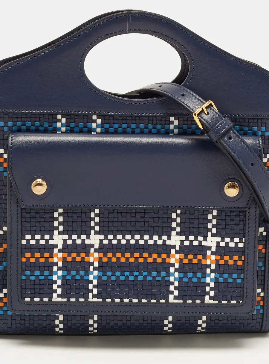 Burberry Mini Pocket Navy Blue Check Woven Leather Bag