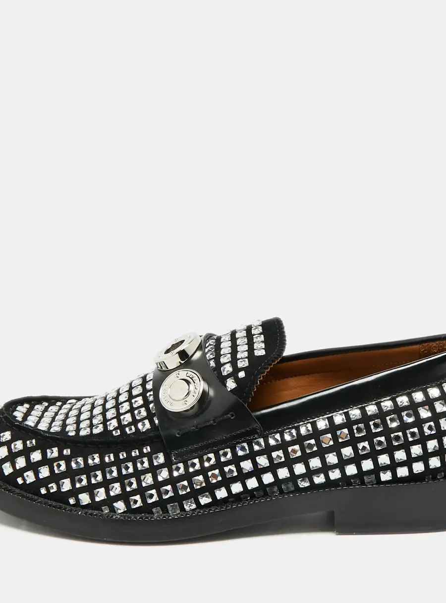 Burberry Size 38 Black Leather and Suede Broadbrook Crystal Embellished Loafers