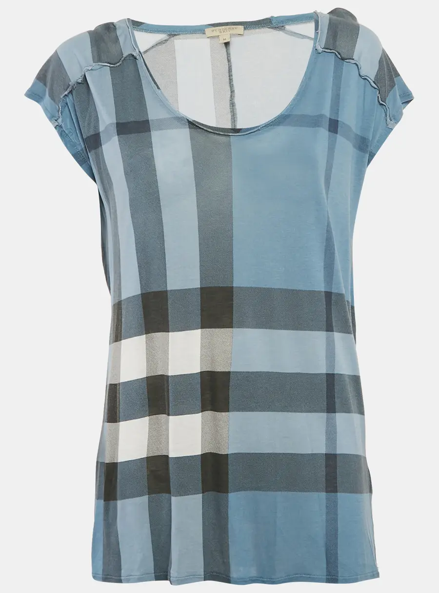 Burberry Brit Blue Plaid Print Modal Knit Top M
