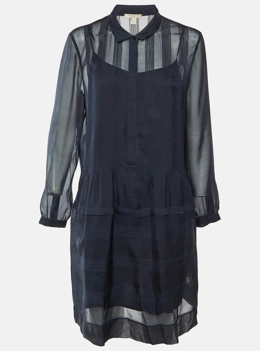 Burberry Brit Midnight Blue Silk Pintucked Knee Length Dress L