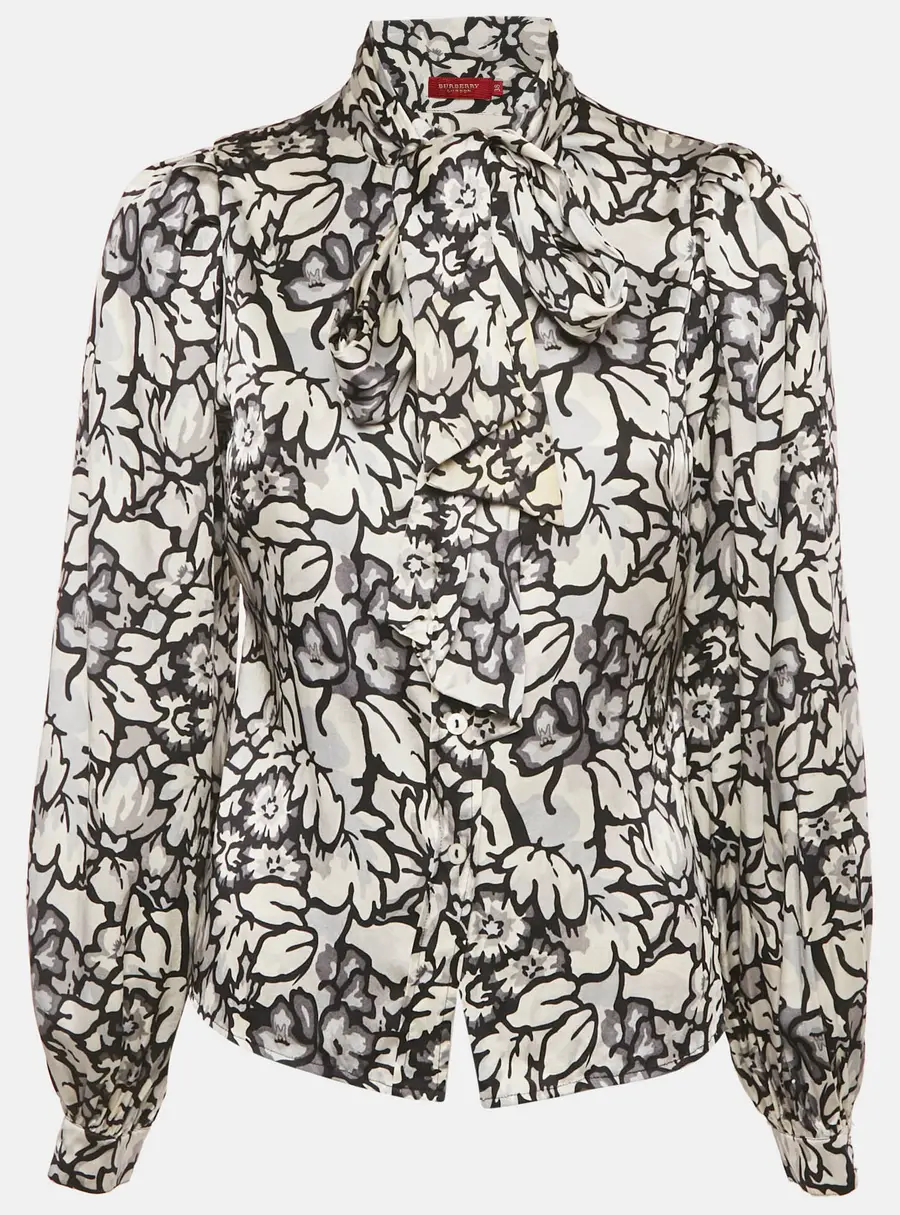 Burberry White/Black Floral Print Satin Silk Tie-Up Neck Detail Blouse S