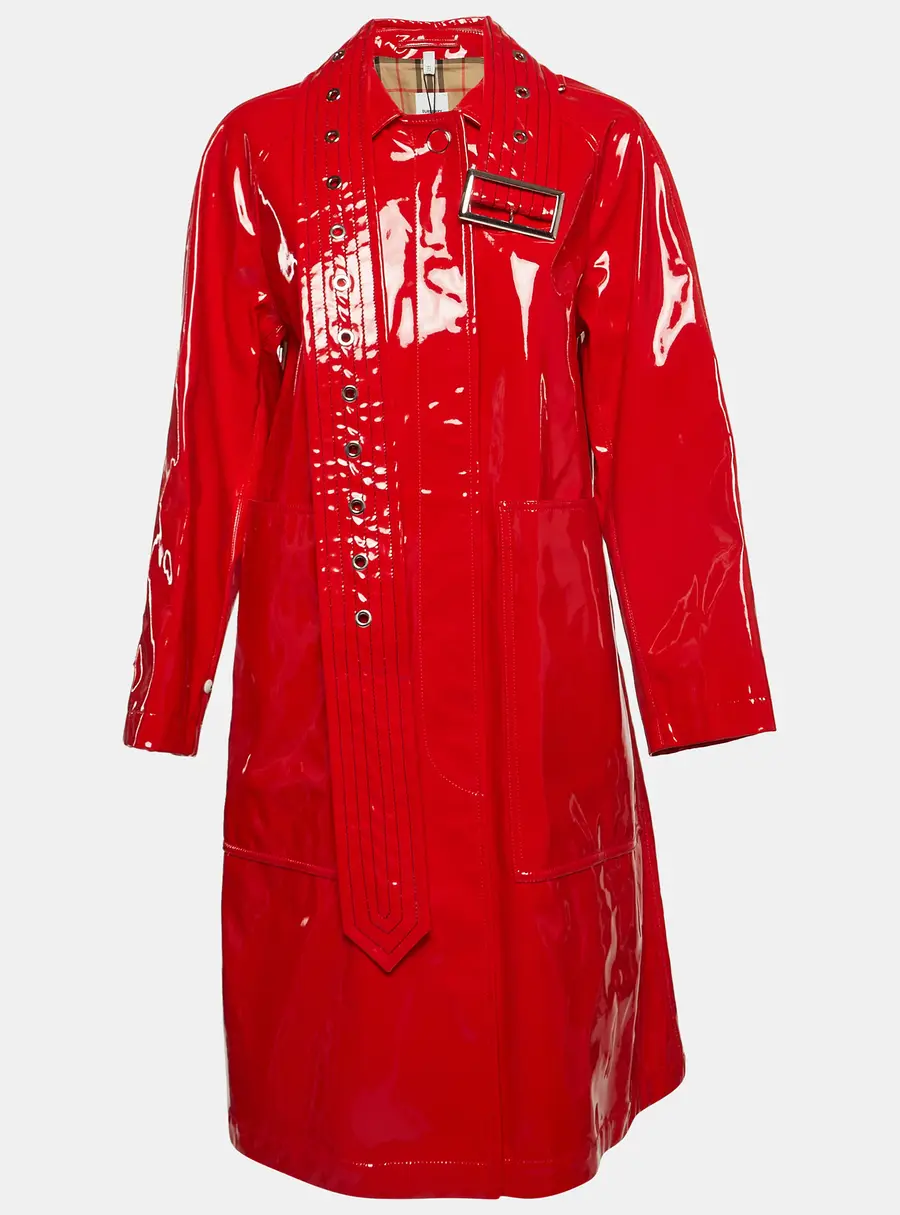 Burberry London Bright Red Faux Leather Belt Detail Coat S