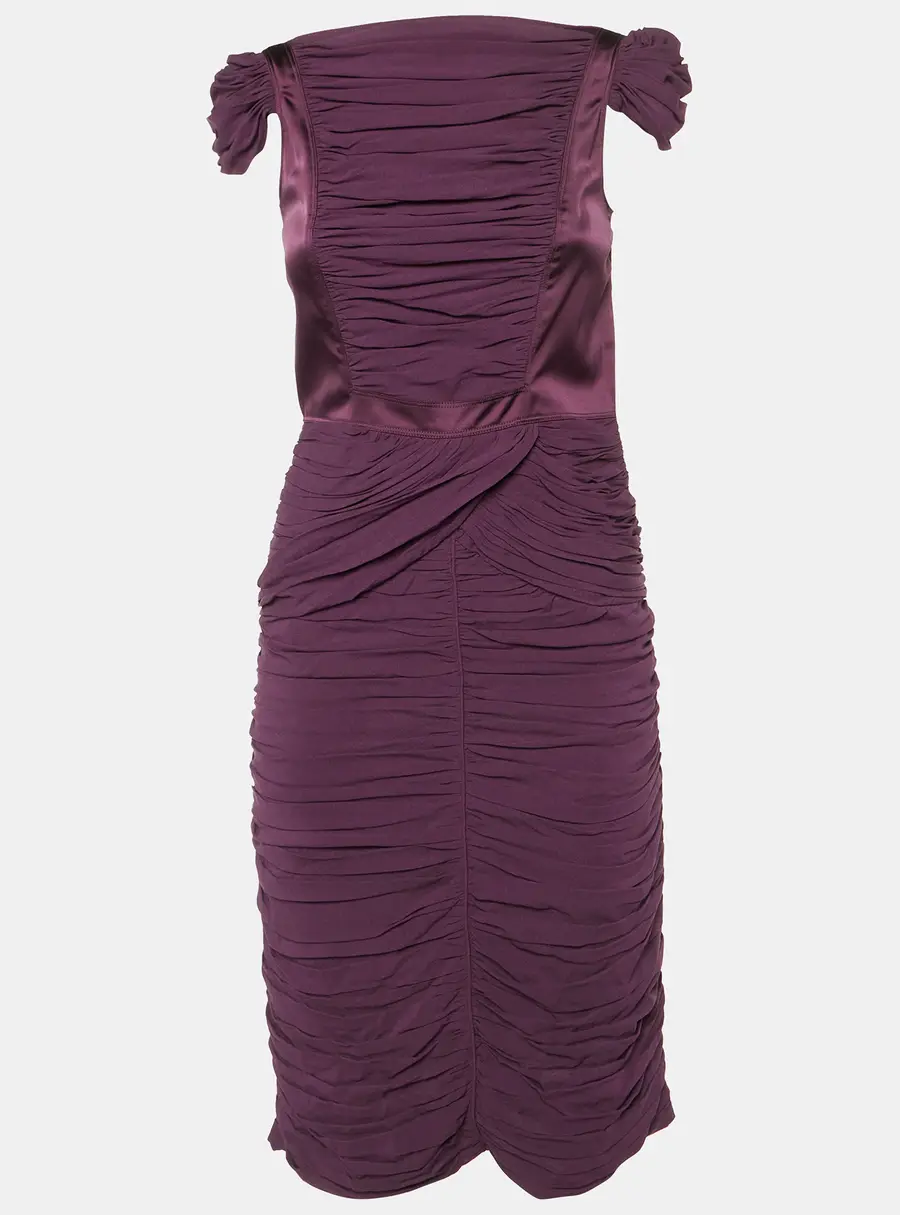 Burberry Prorsum Vintage Purple Silk Crepe Ruched Midi Dress S
