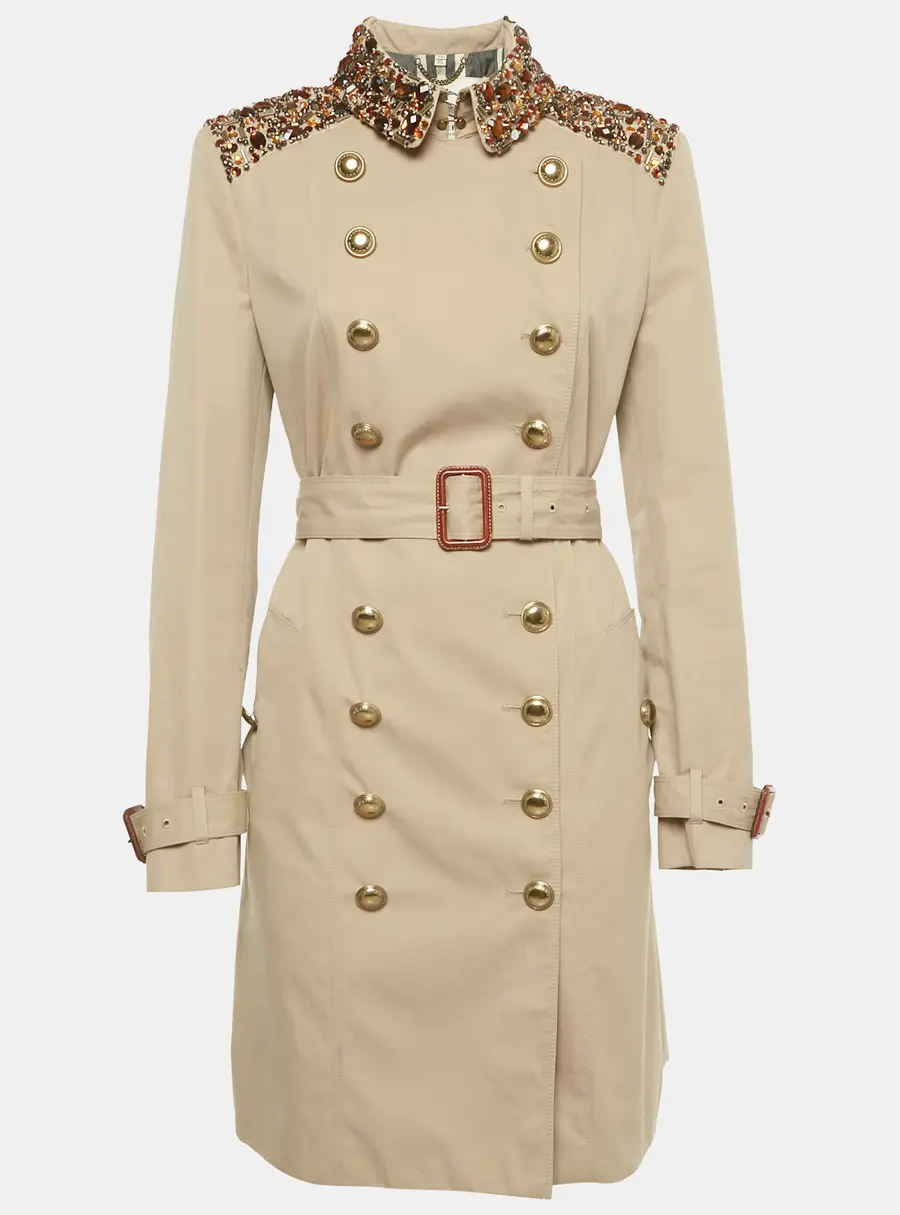Burberry Prorsum Beige Embellished Cotton Gabardine Trench Coat M