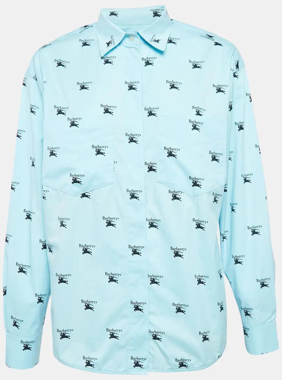 Burberry Blue Logo Print Cotton Oversized Shirt S