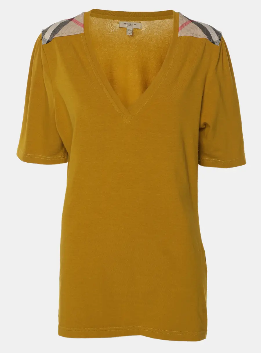 Burberry Yellow Cotton Blend Shoulder Patch V-Neck T-Shirt L
