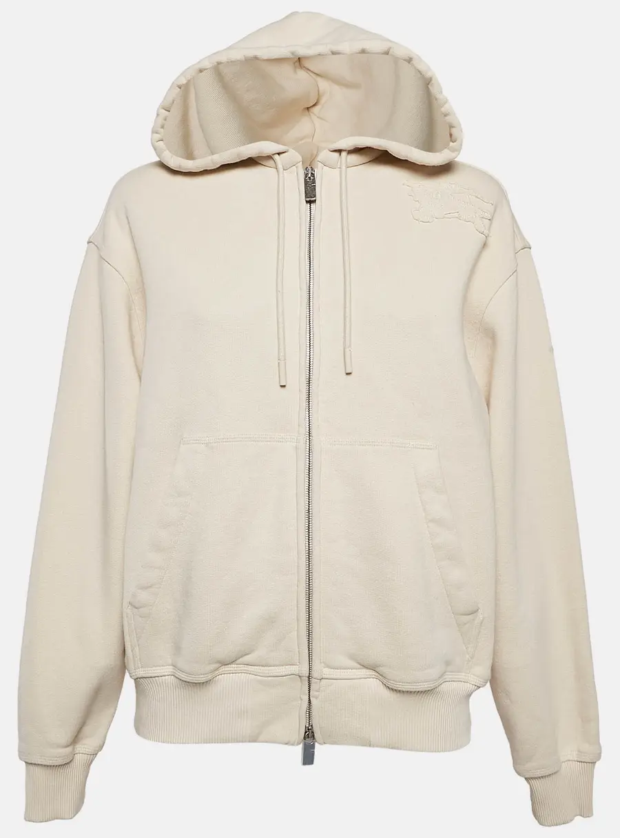 Burberry Beige Logo Applique Cotton Knit Zip-Up Hoodie M
