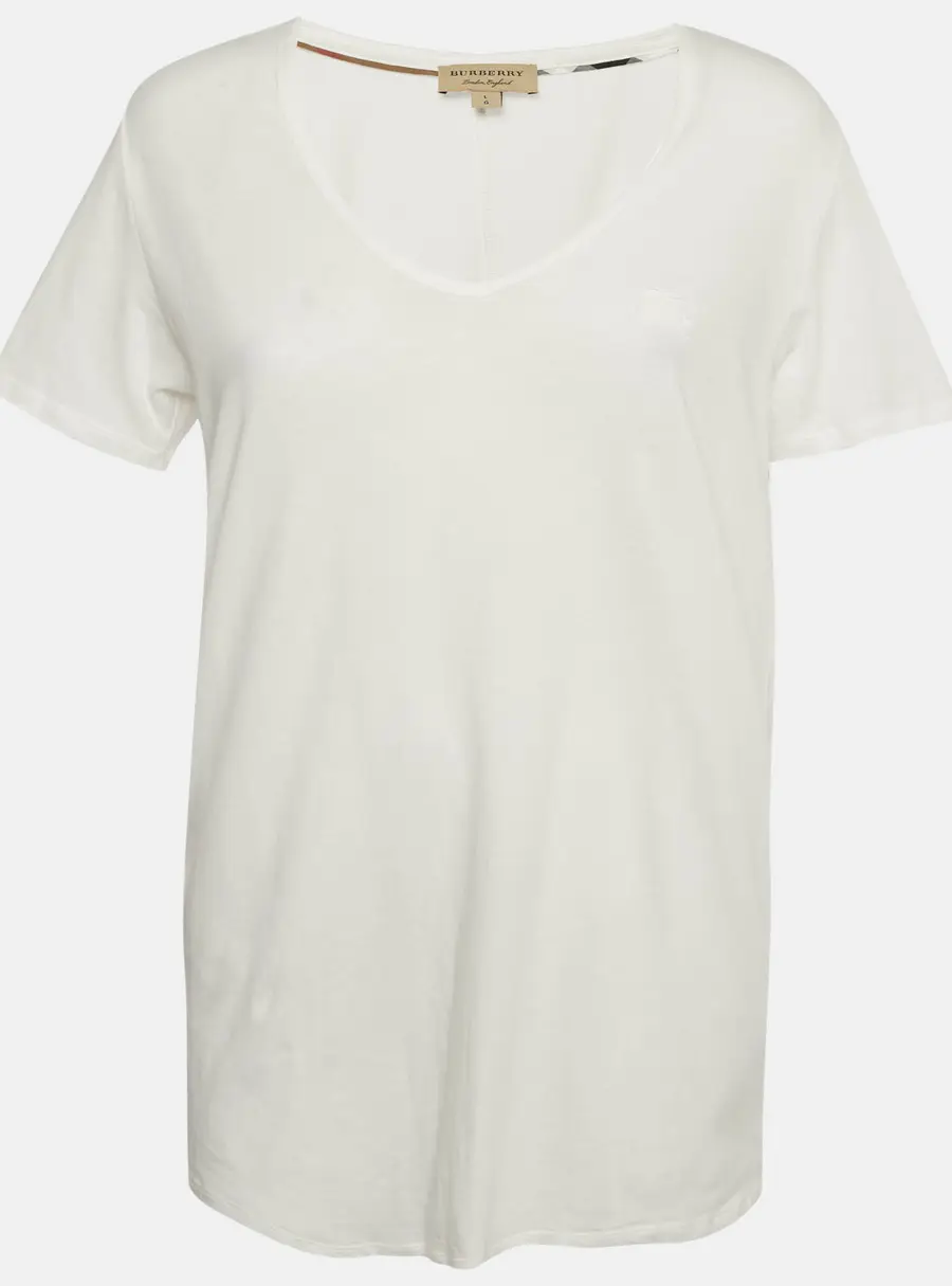 Burberry White Logo Embroidered Cotton V-Neck T-Shirt L