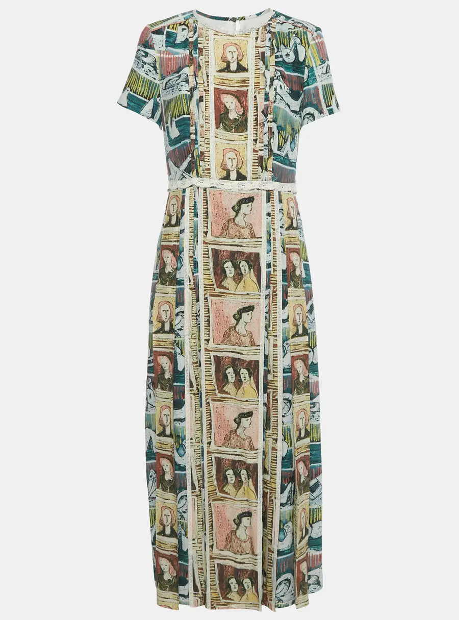 Burberry Multicolor Framed Heads Print Silk Lace Trim Maxi Dress M