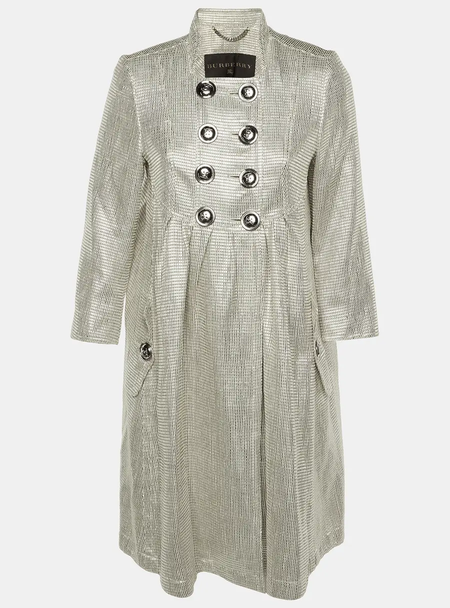 Burberry Silver Lurex Detail Double Breasted Coat M