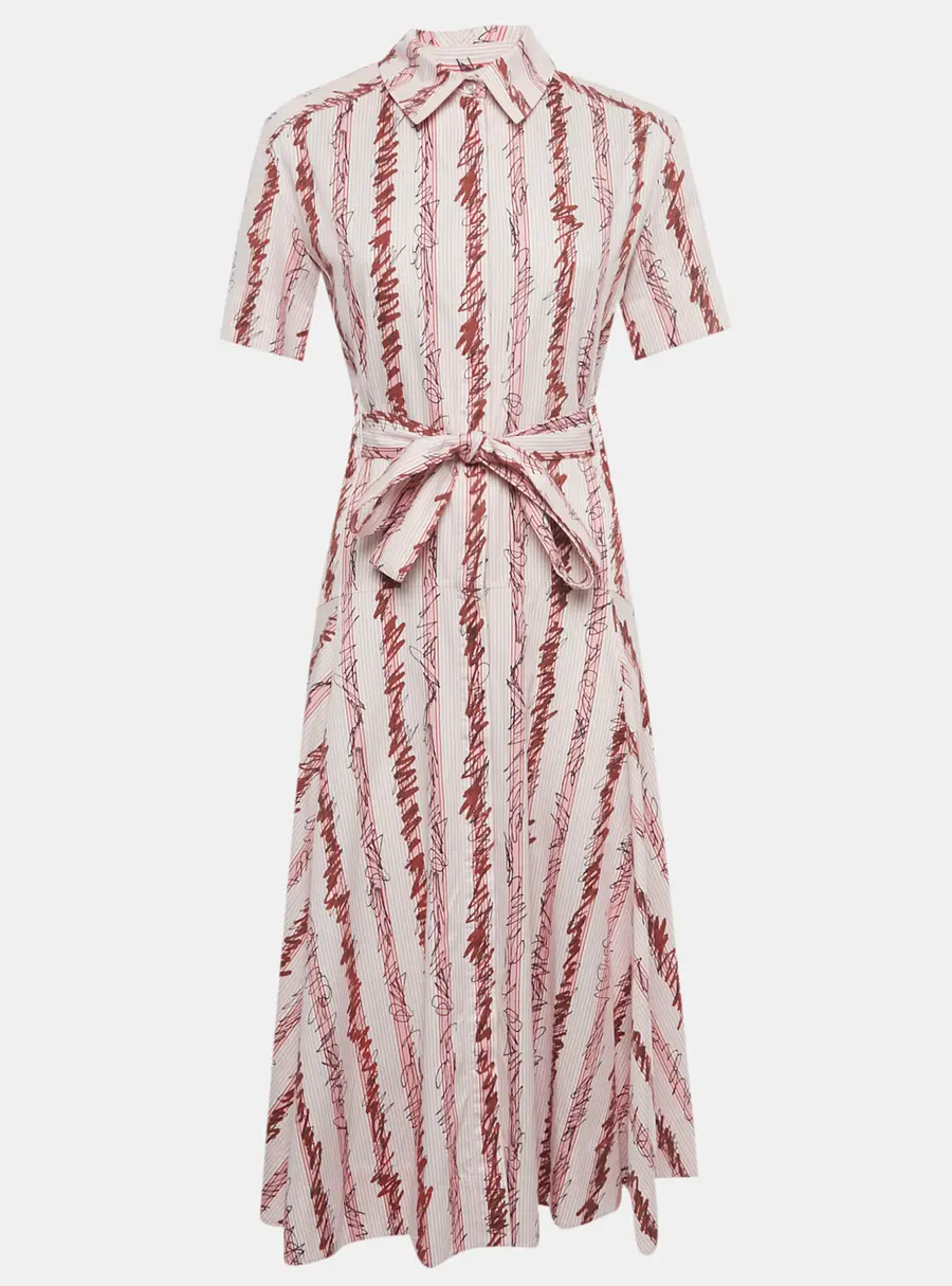 Burberry Pink Scribble Printed Cotton Belted Shirt Dress S