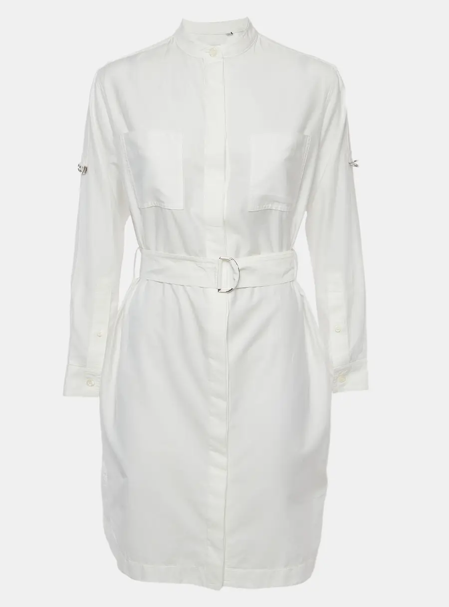 Burberry White Cotton Long Sleeve Belted Dress S