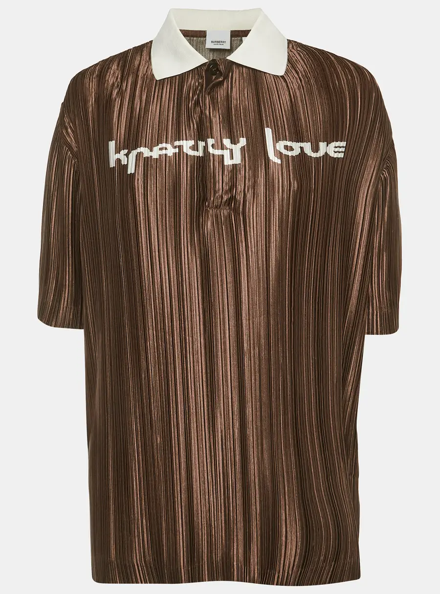 Burberry Brown Krazy Love Graphic Satin Plissé Polo Top XS