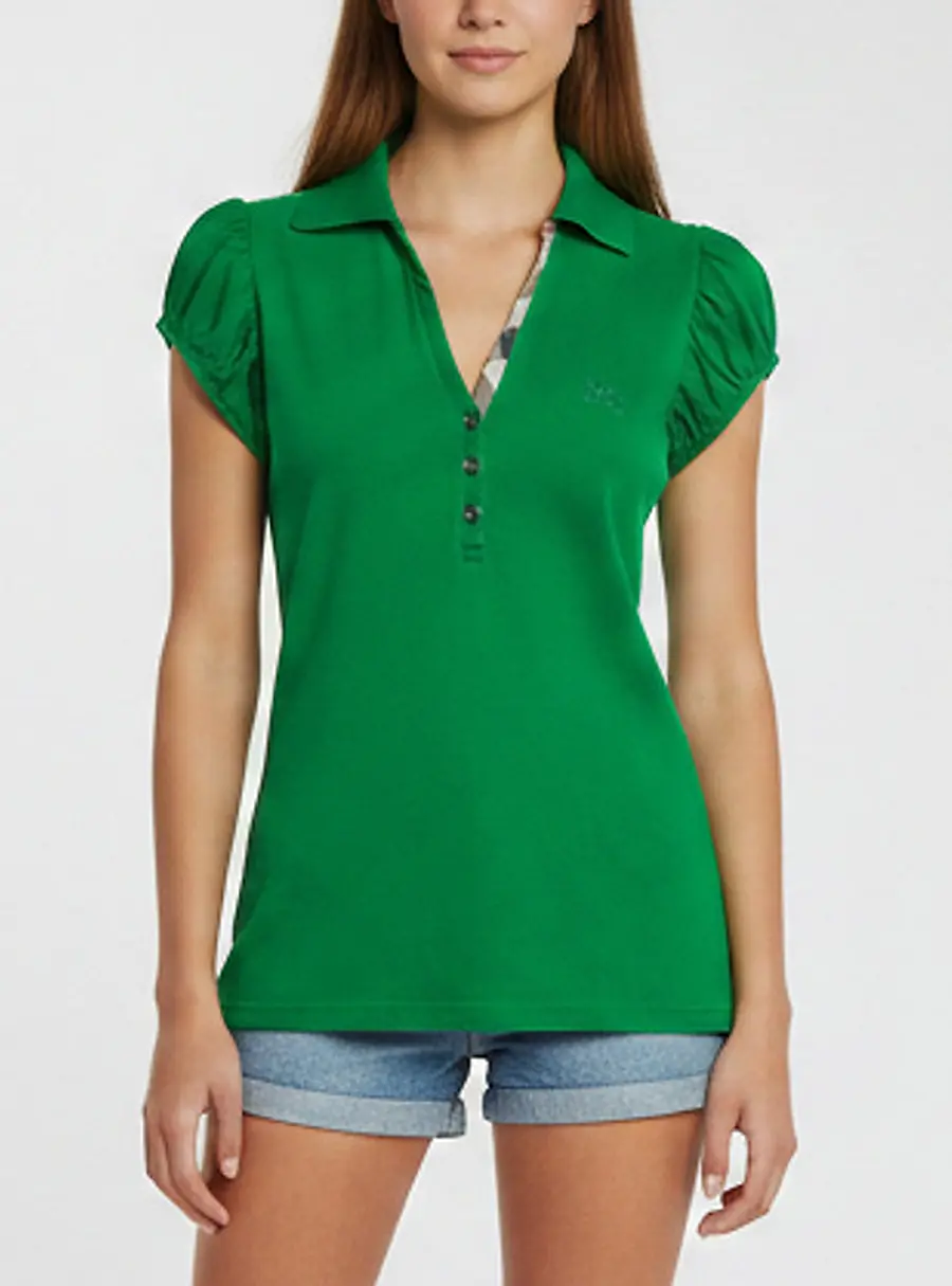 Burberry Green Pique Cotton Puff Sleeve Polo T-Shirt M