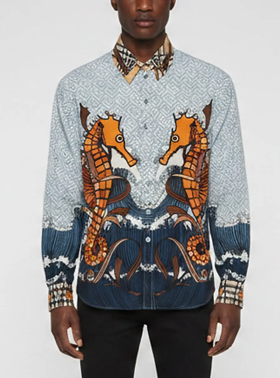Burberry Blue TB Monogram Seahorse Print Crepe Juliette Shirt S