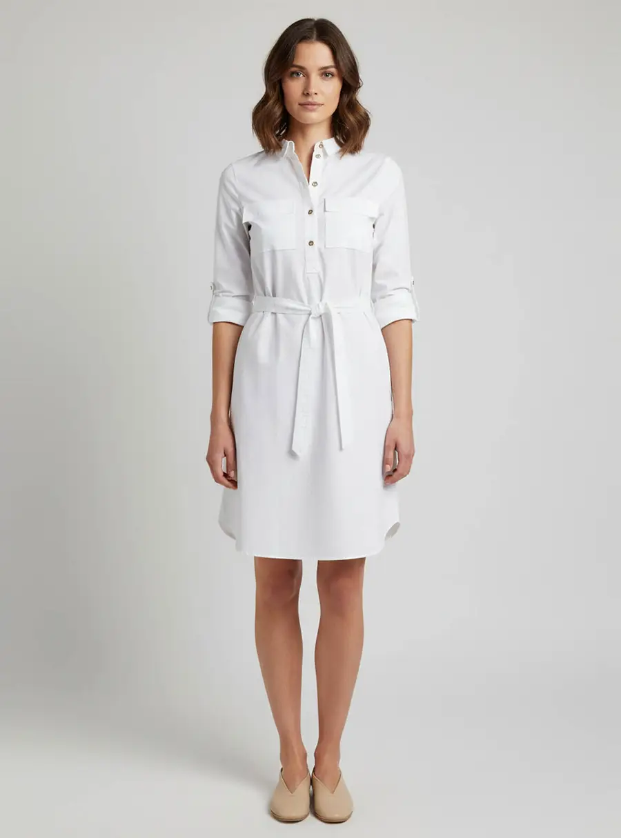 Burberry White Cotton Belted Midi Dress XS