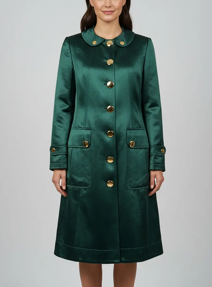 Burberry Emerald Green Satin Military Style Single Breasted Coat M