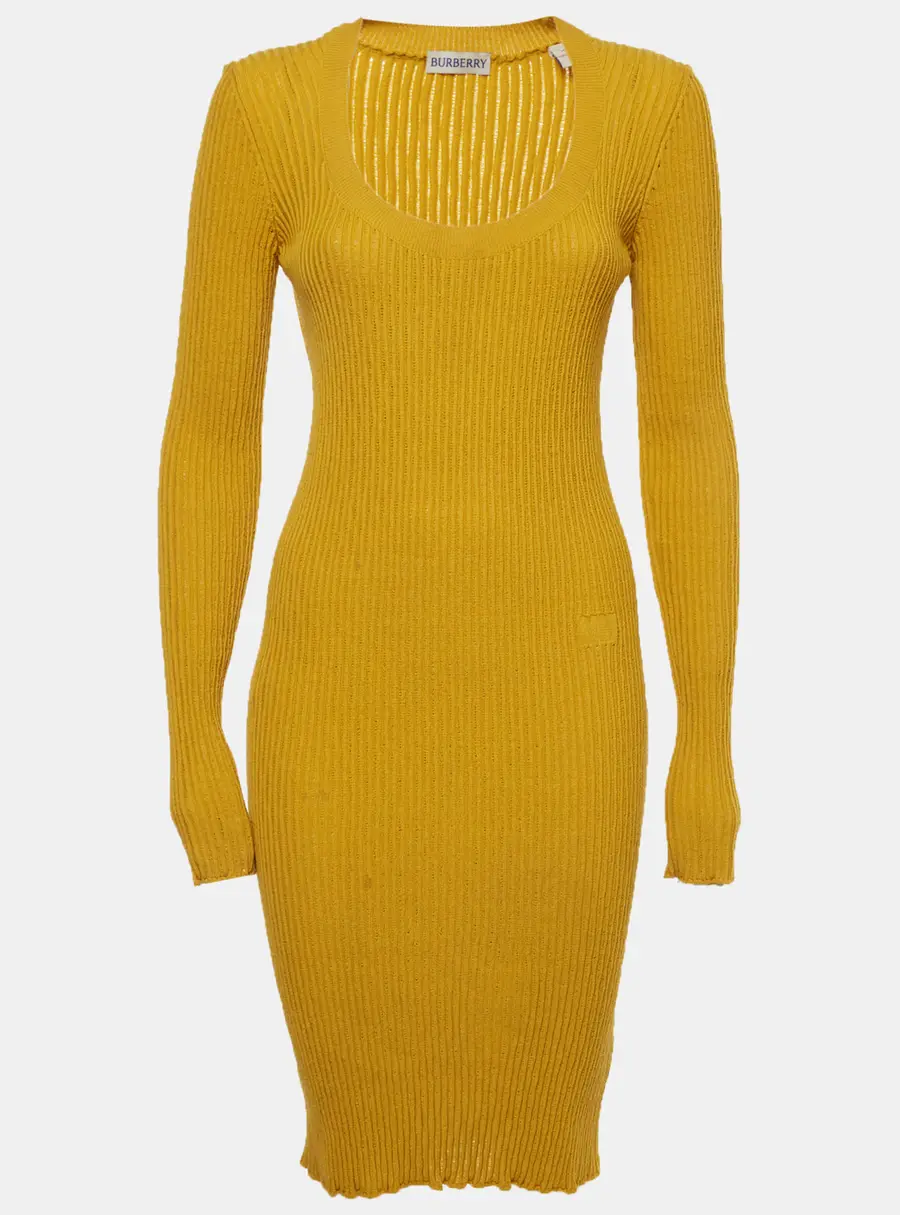 Burberry Yellow Wool Blend Rib Knit Knee Length Dress S