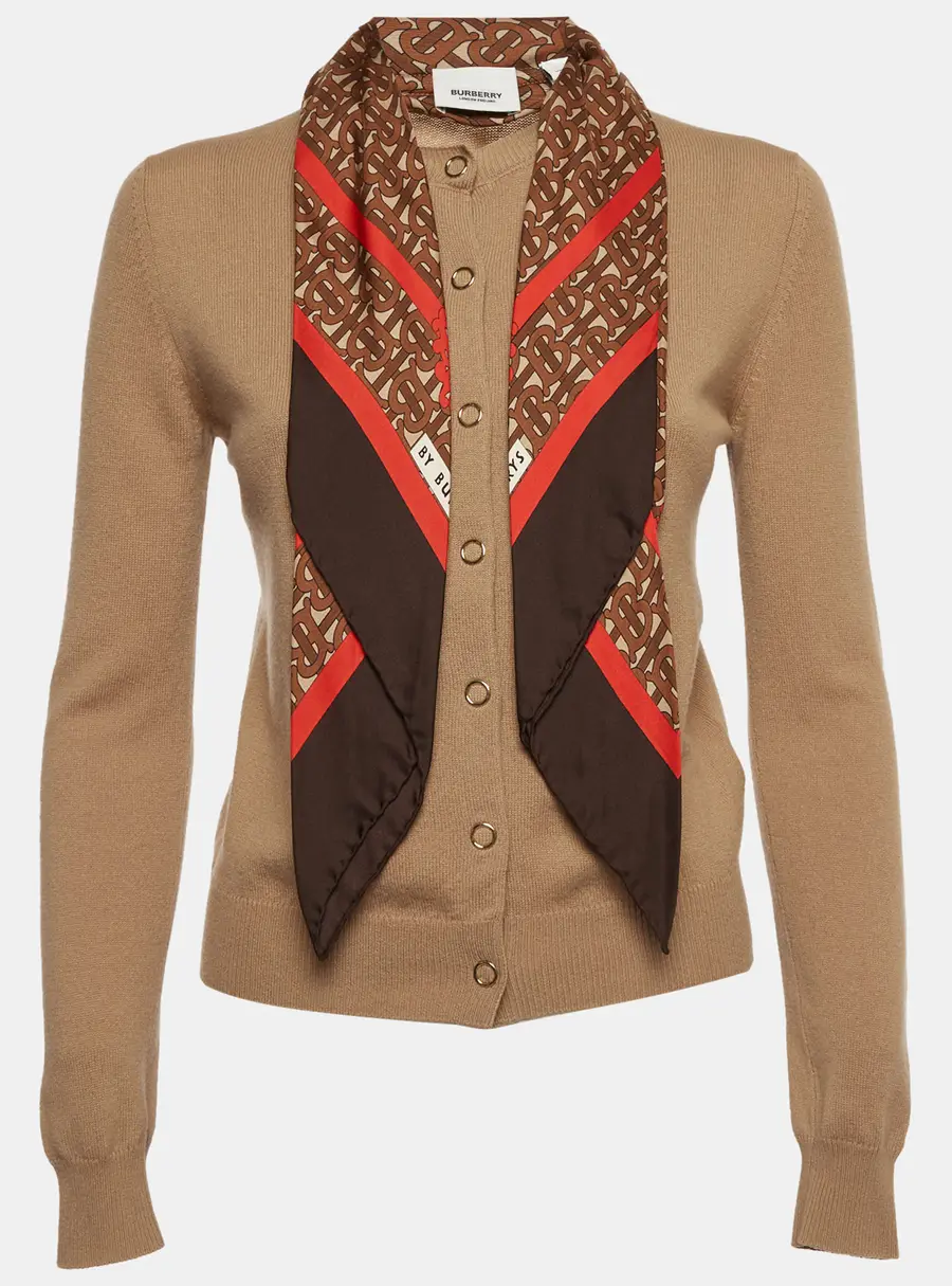 Burberry Brown Cashmere Scarf Neck Button Front Cardigan XS