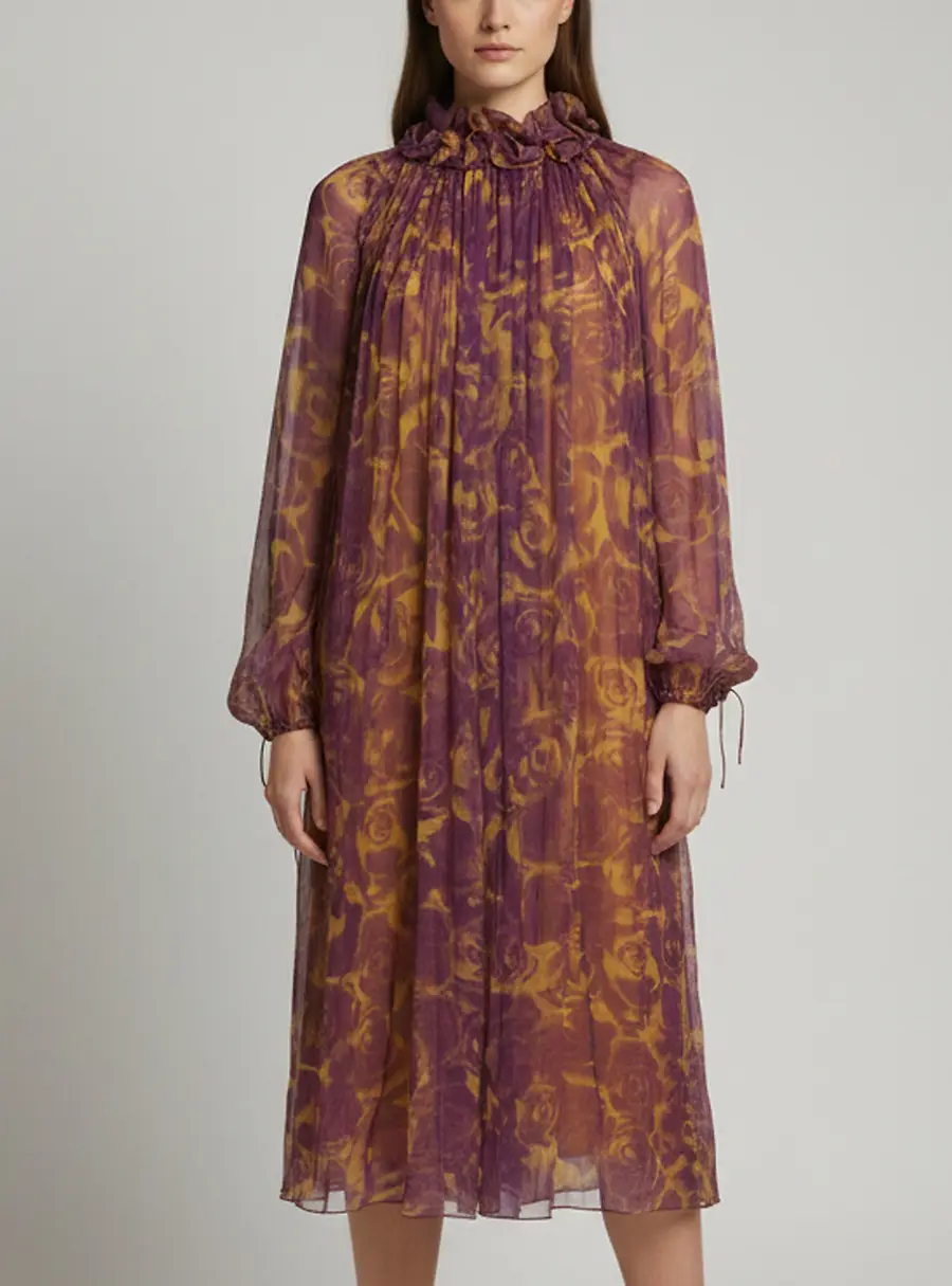 Burberry Purple Rose Print Silk Chiffon Midi Dress XXS