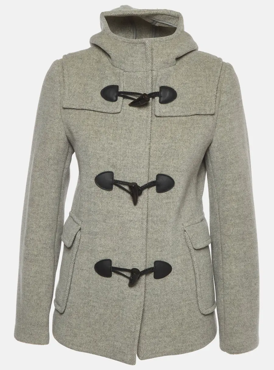 Burberry Grey Wool Hooded Zip-Up Duffle Coat S