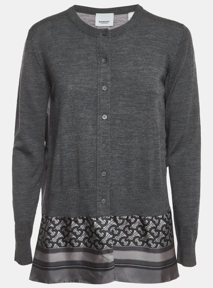 Burberry Grey Monogram Print Wool & Silk Scarf Cardigan S