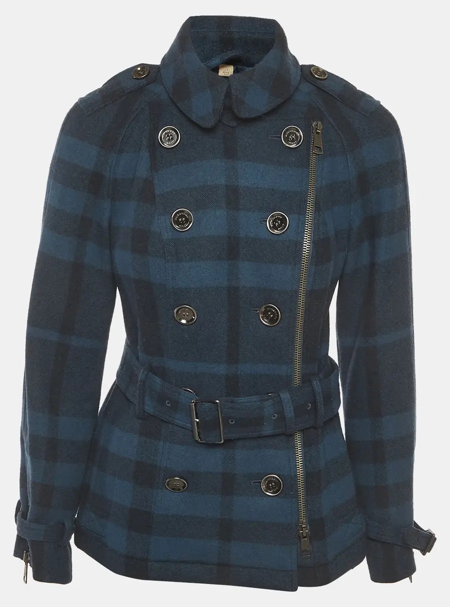 Burberry Brit Blue Plaid Wool Blend Belted Pea Coat S