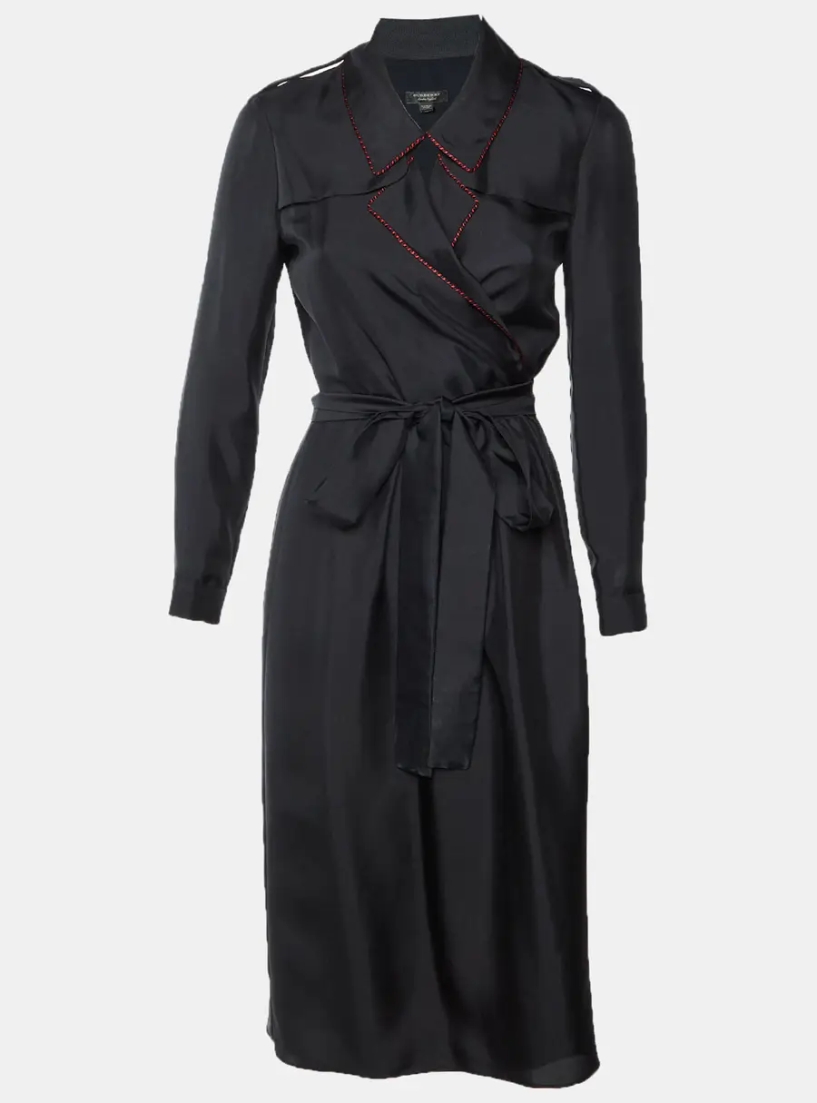 Burberry Black Contrast Trim Silk Blend Duster Trench Coat S