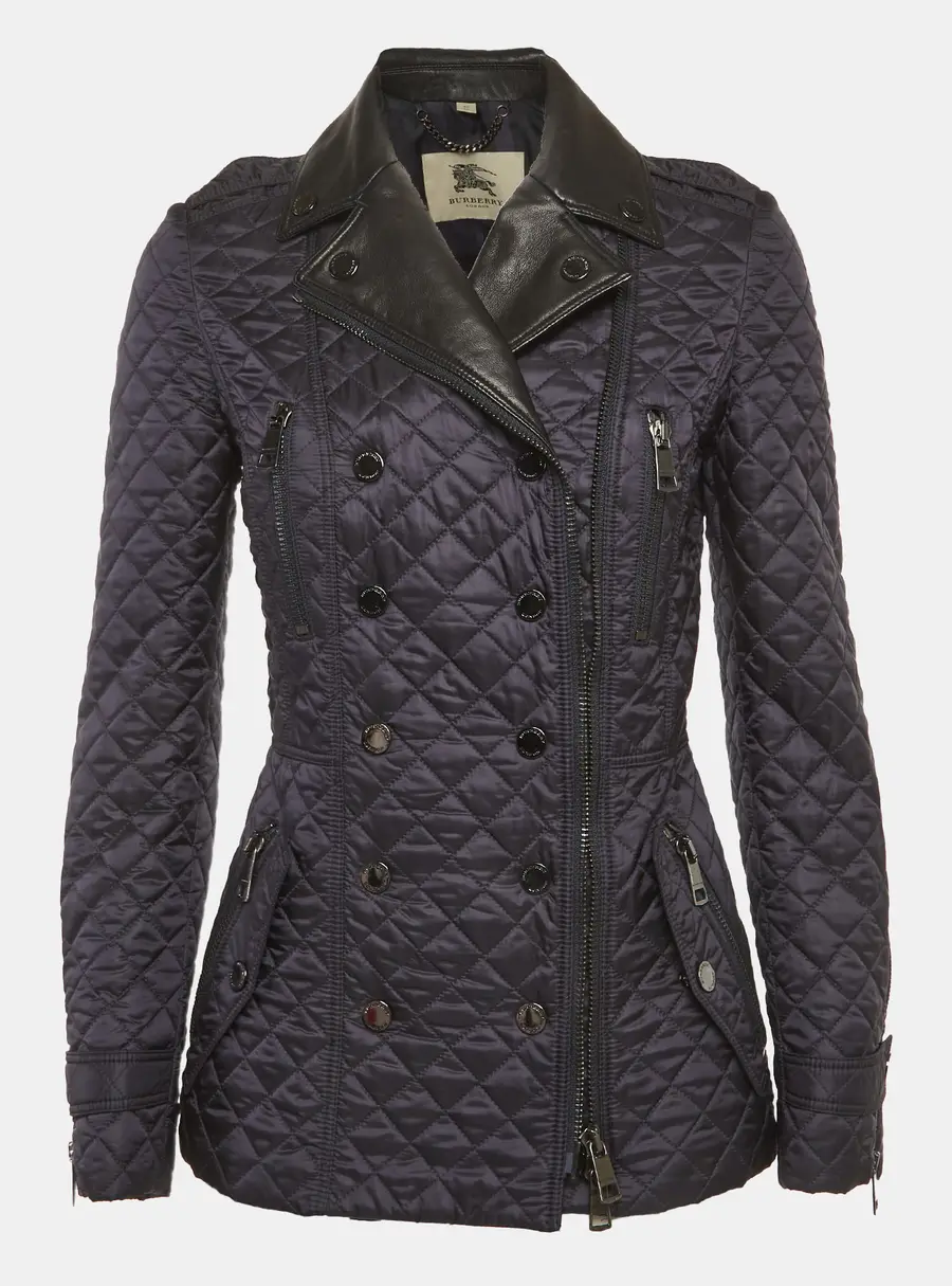 Burberry Blue Navy Blue Nylon and Leather Quilted Jacket XS