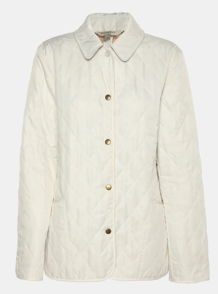 Burberry London White Diamond Quilted Nylon Button Front Jacket O/S