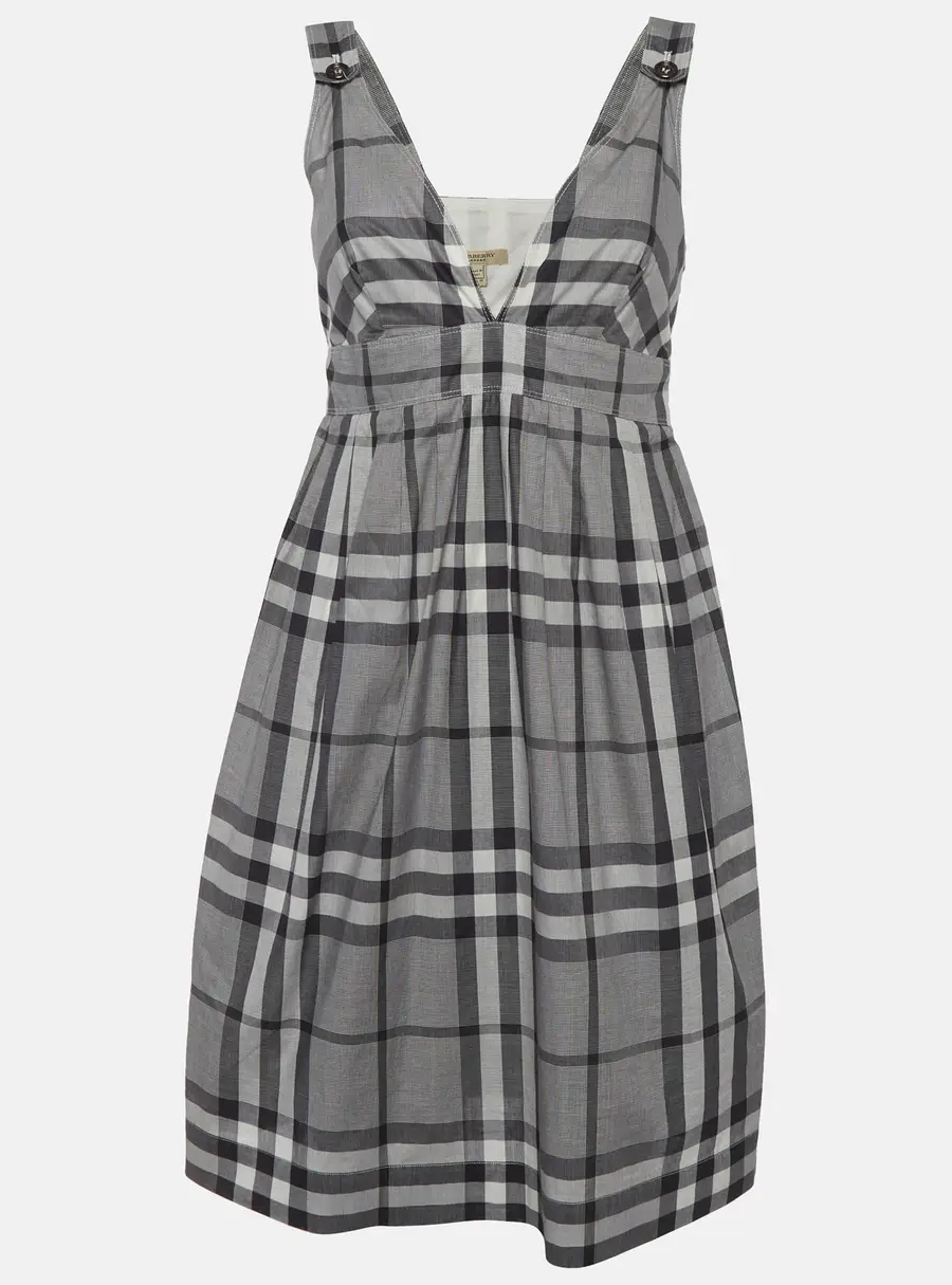 Burberry Grey Plaid Print Cotton Poplin Mini Dress S
