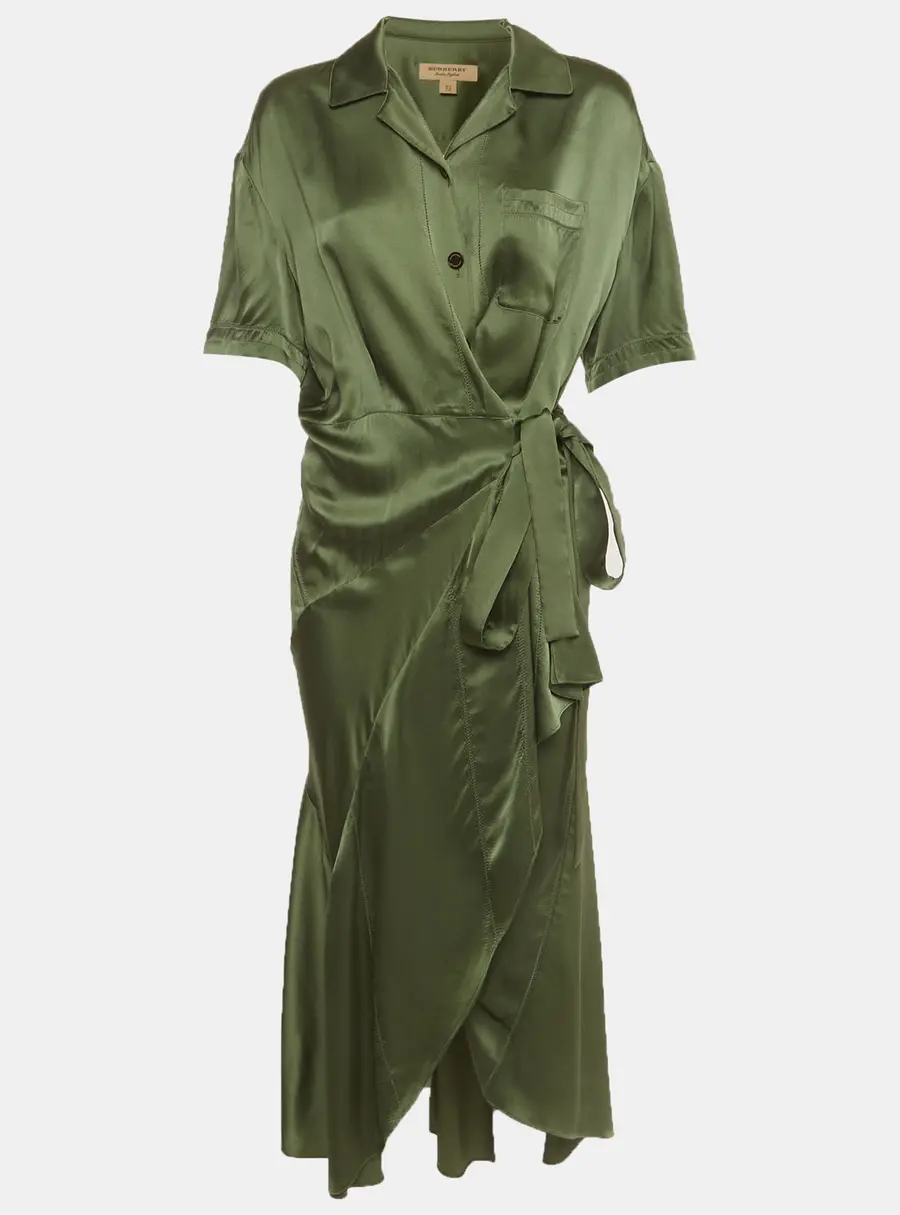 Burberry Green Satin Wrap Button Up Shirt Dress S