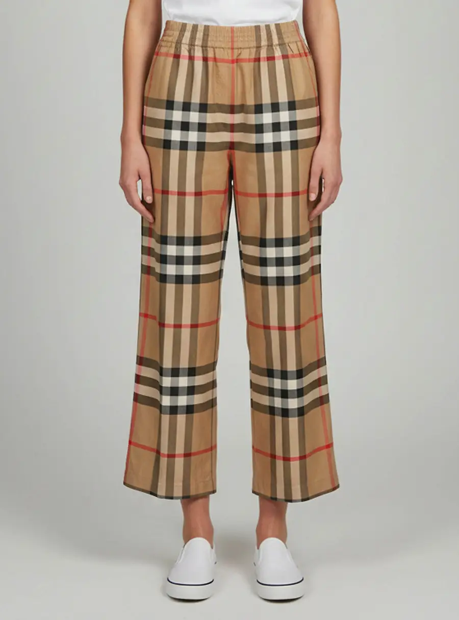 Burberry Beige Checked Cotton Wide Leg Trousers M