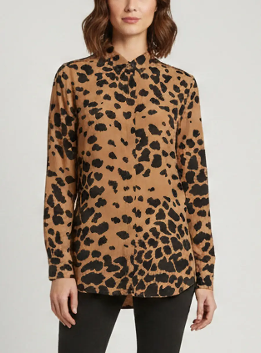 Burberry Brown Leopard Print Crepe Long Sleeve Shirt M