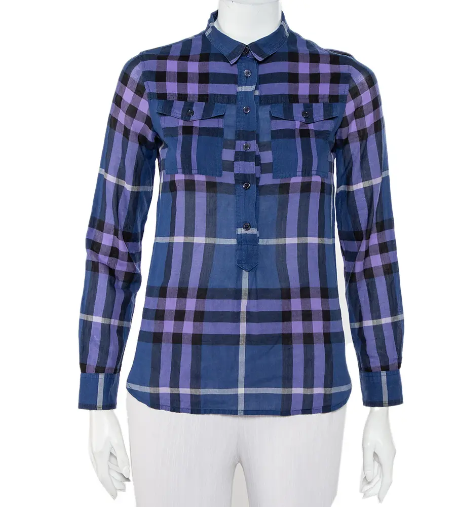 Burberry Brit Navy Blue Checkered Cotton Half Buttoned Shirt XXS